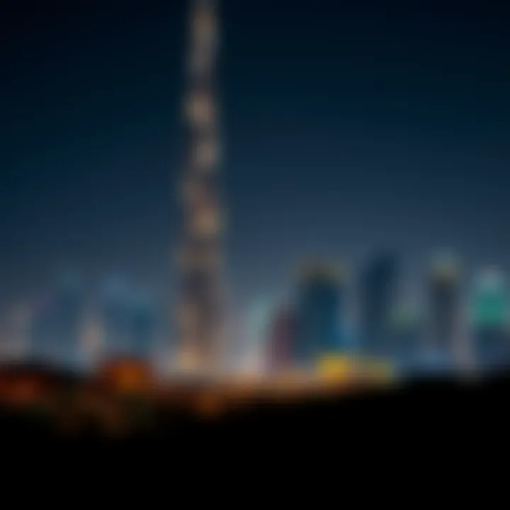 Night view of Ambition Tower illuminated against the city skyline