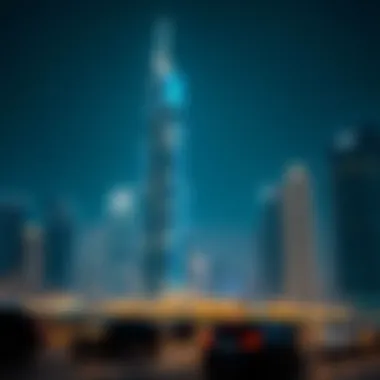 Night view of Azure Building illuminated against the Dubai skyline
