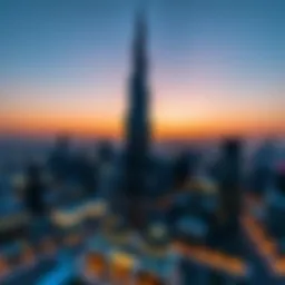 Aerial view of Burj Khalifa captured at sunset