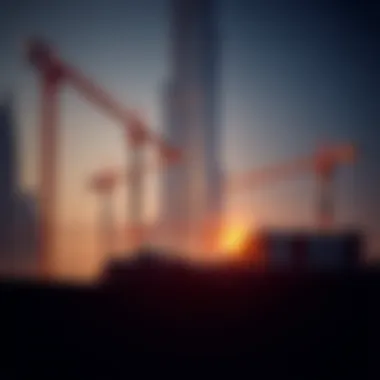 Construction site with cranes and workers in action