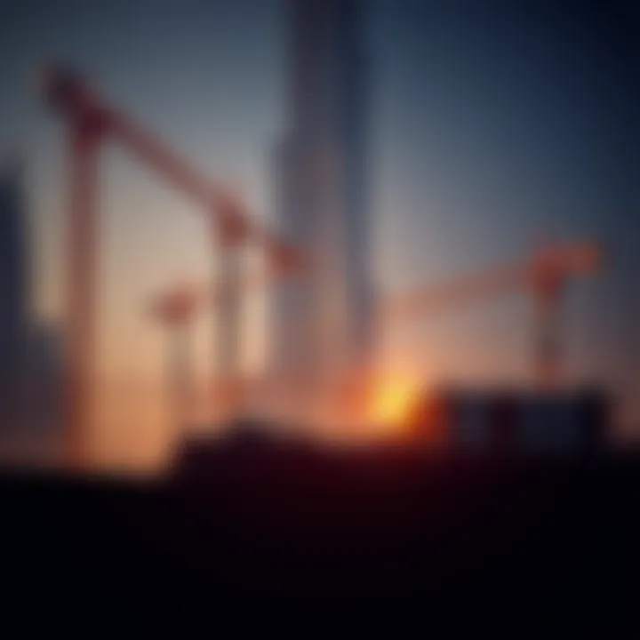 Construction site with cranes and workers in action