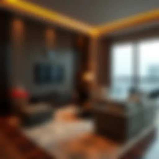 Luxurious hotel apartment living room with city view