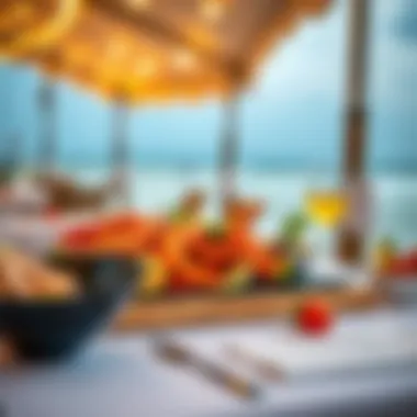 A vibrant seafood platter elegantly arranged on a table by the beach