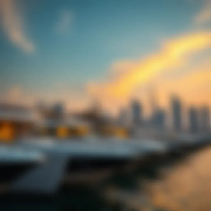 Luxurious yachts docked at the marina during sunset