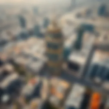 Aerial perspective of Al Khazna Tower surrounded by urban developments