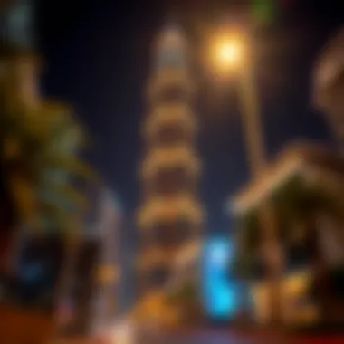 Night view of Al Khazna Tower illuminated, highlighting its prominence