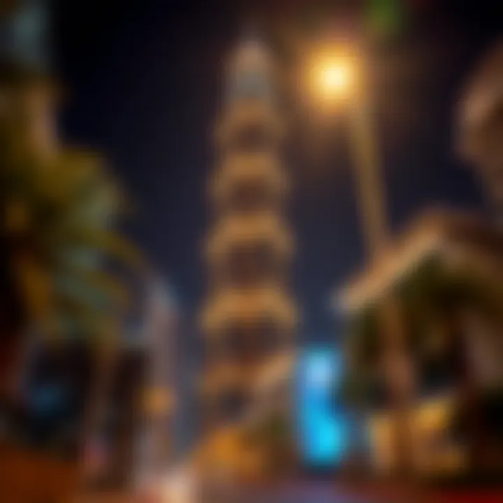 Night view of Al Khazna Tower illuminated, highlighting its prominence