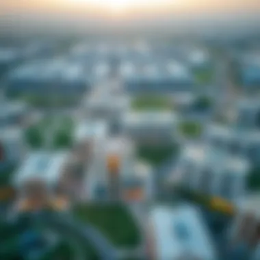 Aerial view of Al Muwailih showcasing modern buildings and lush green spaces