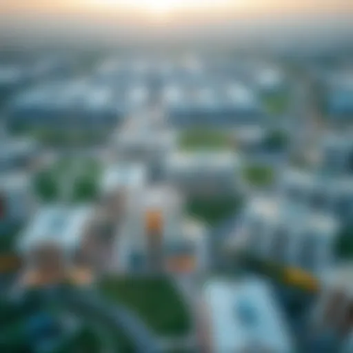 Aerial view of Al Muwailih showcasing modern buildings and lush green spaces