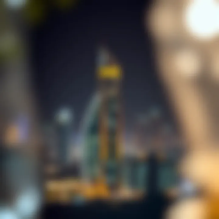 Night view of Alamir Building illuminated against the Dubai skyline.