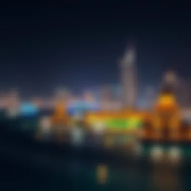 Nighttime view of Bluewater Island with illuminated landmarks and stunning skyline