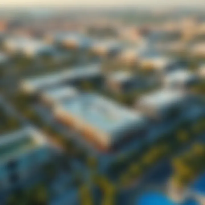 Aerial view of Dubai Production City showcasing modern architecture and green spaces.