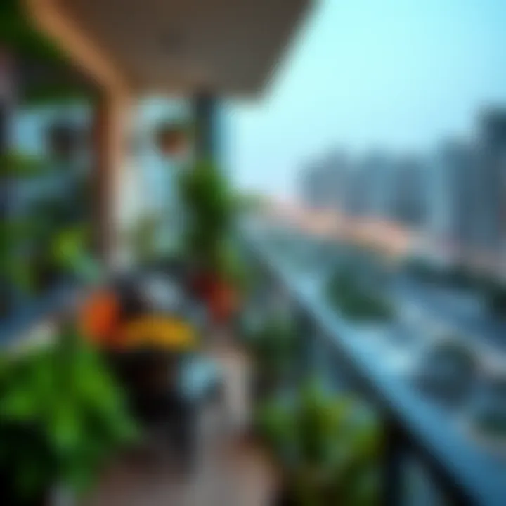 Lush balcony garden with a view of Dubai's urban landscape