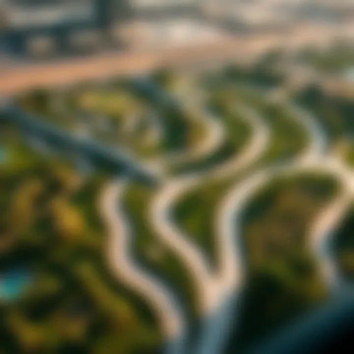 Aerial view of Dubai Hill Park showcasing its lush green spaces and pathways