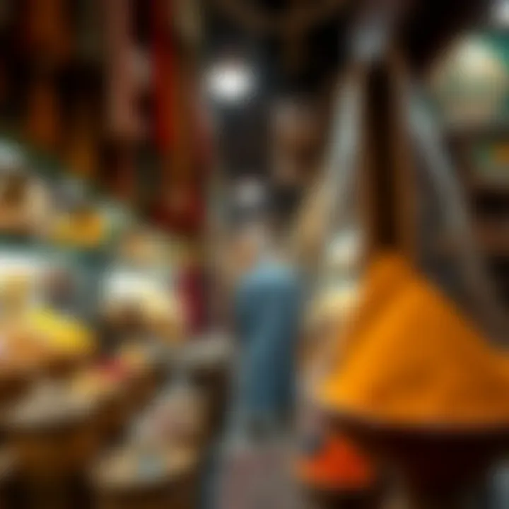 Vibrant souk scene with spices and textiles