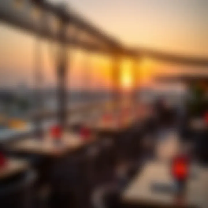 Vibrant atmosphere of a Dubai rooftop cafe at sunset