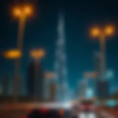 The iconic Burj Khalifa towering over the city, brilliantly lit against the night sky