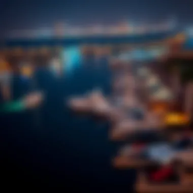 An aerial view of Dubai Marina, showcasing boats and stunning city lights reflecting in the water