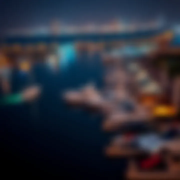 An aerial view of Dubai Marina, showcasing boats and stunning city lights reflecting in the water