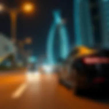 A luxurious car cruising along the illuminated Sheikh Zayed Road showcasing the futuristic architecture