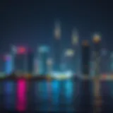 A mesmerizing night view of the Dubai skyline with vibrant lights reflecting on the water