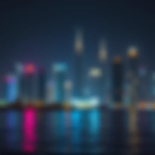A mesmerizing night view of the Dubai skyline with vibrant lights reflecting on the water