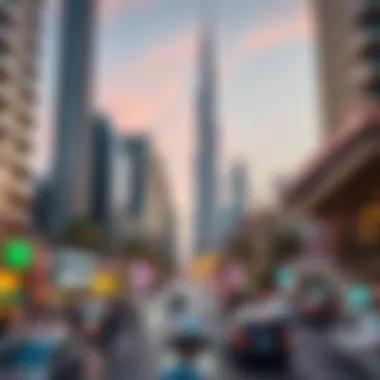 Vibrant skyline of Downtown Dubai featuring the Burj Khalifa and bustling streets