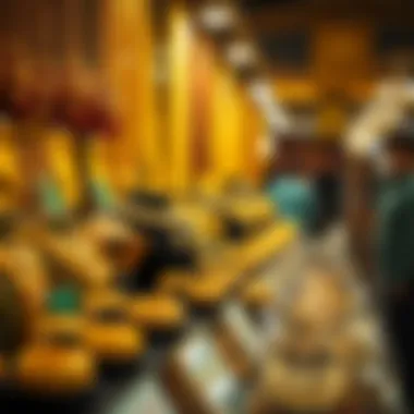 A vibrant display of gold jewelry sparkling under the market lights