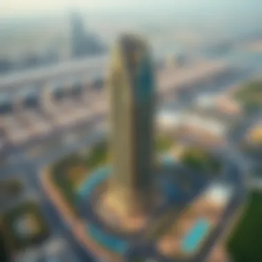 Aerial view of the Iris Tower and its surrounding amenities in Dubai