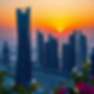 Stunning view of the Iris Tower against Dubai's skyline at sunset