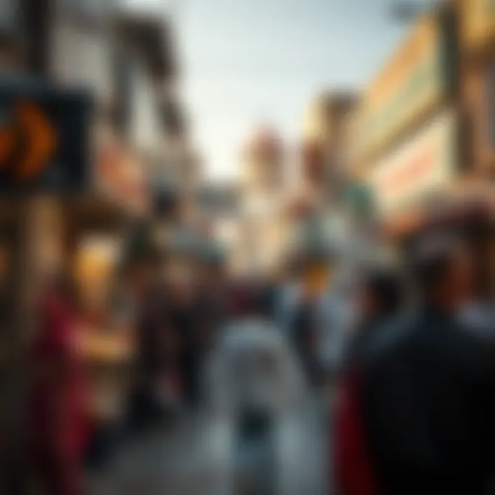 A bustling scene showcasing shoppers and vendors