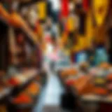 Vibrant market stalls filled with spices and textiles