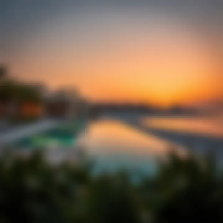 Stunning sunset over the beach villas in Dubai