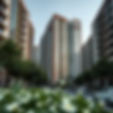 Modern residential buildings in Ghoroob Square with lush greenery