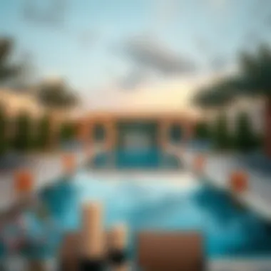 Serene pool area surrounded by lush landscaping and comfortable seating