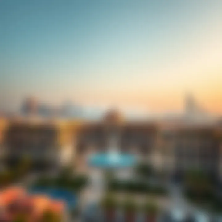 Aerial view of La Fontana set against Dubai's skyline, emphasizing its significance within the city's architectural landscape.
