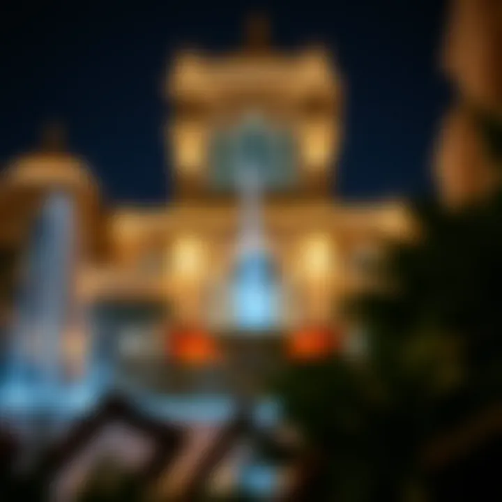 An evening shot of La Fontana illuminated, capturing the enchanting atmosphere created by its lighting design.