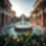 A panoramic view of La Fontana showcasing its intricate water features and architectural details.