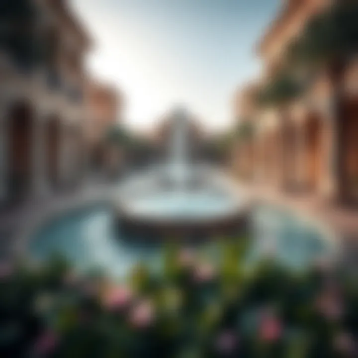 A panoramic view of La Fontana showcasing its intricate water features and architectural details.