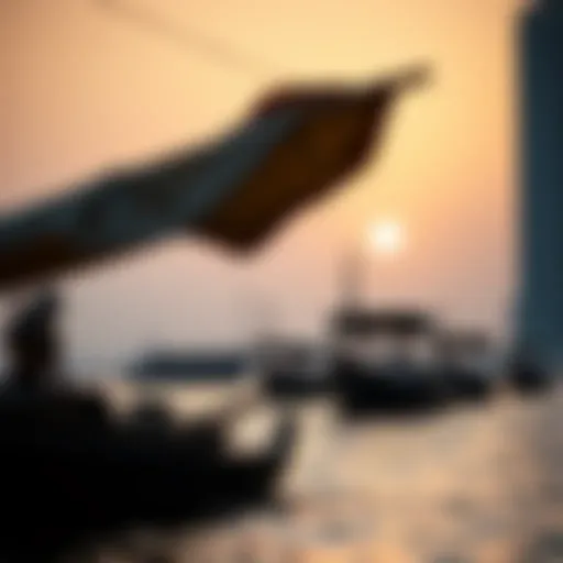 The traditional dhows sailing in the Dubai Marina at sunset