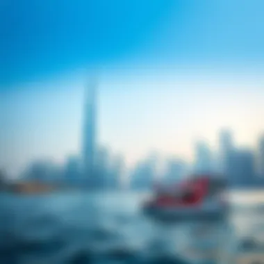 Dubai Water Bus amid the Skyline A scenic view of the Dubai Water Bus navigating through the city skyline.