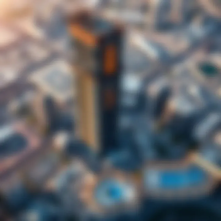 Aerial view of South Heights Tower highlighting its strategic location in Dubai