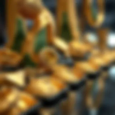 Unique Craftsmanship in Gold Pieces A close-up of various gold pieces showcasing unique craftsmanship