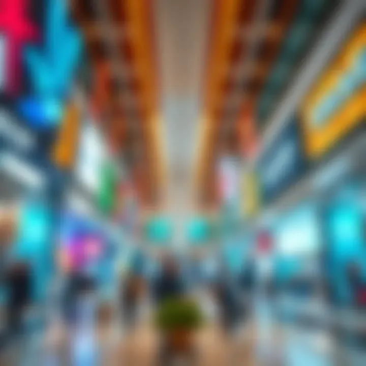 Interior shot showcasing diverse retail brands and shoppers