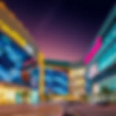 Panoramic view of the new mall's exterior at sunset