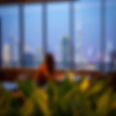 A couple dining at a chic restaurant with skyline views