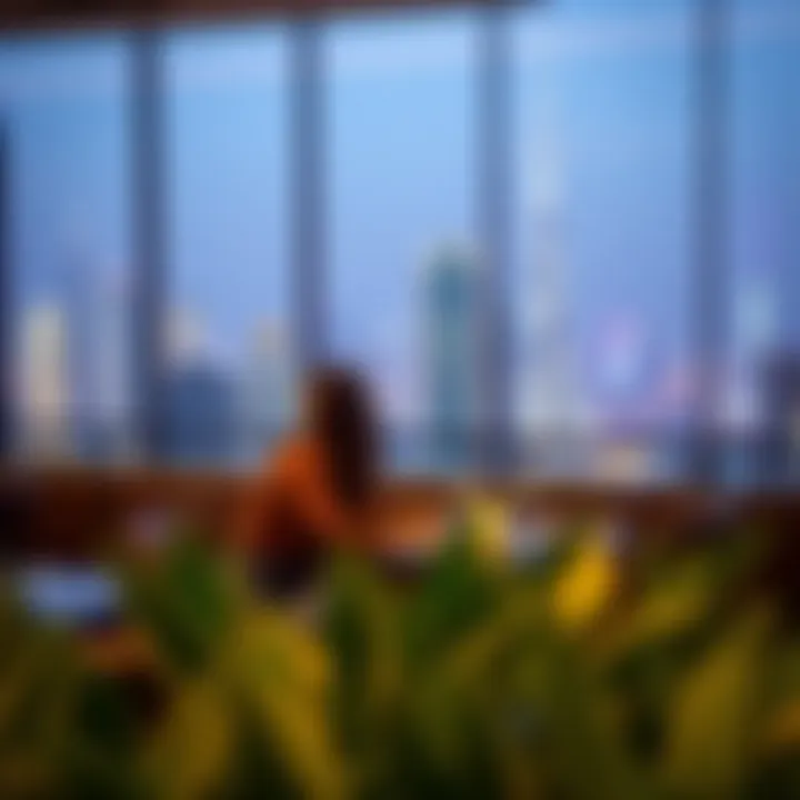 A couple dining at a chic restaurant with skyline views