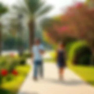 Couples enjoying a leisurely stroll in a vibrant park