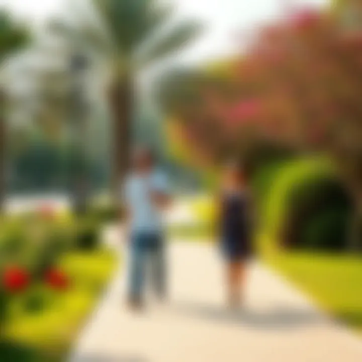 Couples enjoying a leisurely stroll in a vibrant park