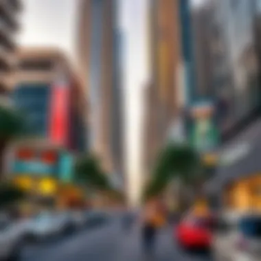 Dubai Real Estate Market Scene A vibrant street view of Dubai's bustling real estate market surrounding the towers